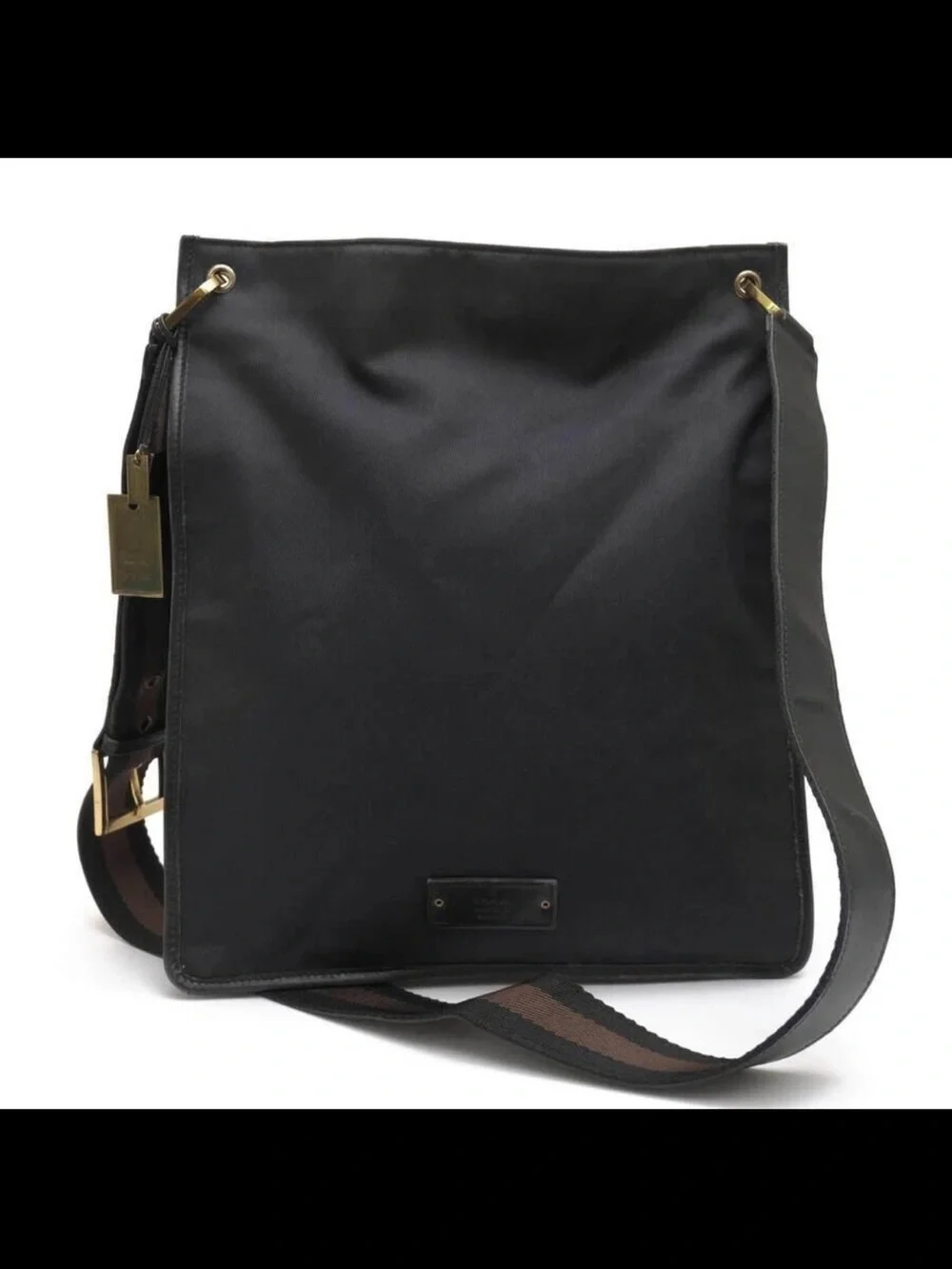 Gucci Black Nylon Messenger Bag with Brown Stripe Webbing